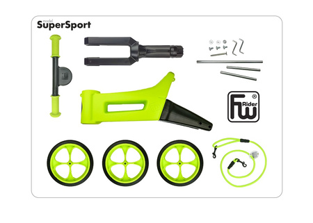 FWRider Super Sport 515760 Kolor: Lime / Limonkowy z zielonymi felgami Rowerek biegowy Jeździk 2w1 Ciche koła + Pasek do noszenia dla Rodzica