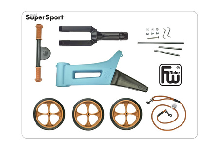 FWRider Super Sport 515777 Kolor: Aqua / Turkusowy z brązowymi felgami Rowerek biegowy Jeździk 2w1 Ciche koła + Pasek do noszenia dla Rodzica