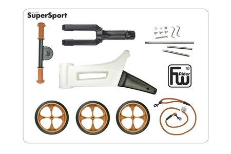 FWRider Super Sport 515784 Kolor: Pearl / Biały z brązowymi felgami Rowerek biegowy Jeździk 2w1 Ciche koła + Pasek do noszenia dla Rodzica