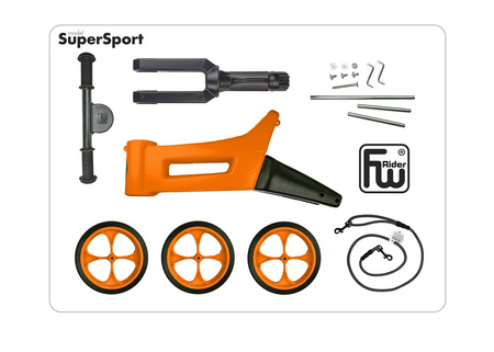 FWRider Super Sport 515739 Kolor: Orange / Pomarańczowy z pomarańczowymi felgami Rowerek biegowy Jeździk 2w1 Ciche koła + Pasek do noszenia dla Rodzica