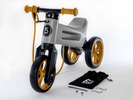 FWRider Super Sport 517498 Kolor: Grey / Szary z brązowymi felgami Rowerek biegowy Jeździk 2w1 Ciche koła + Pasek do noszenia dla Rodzica